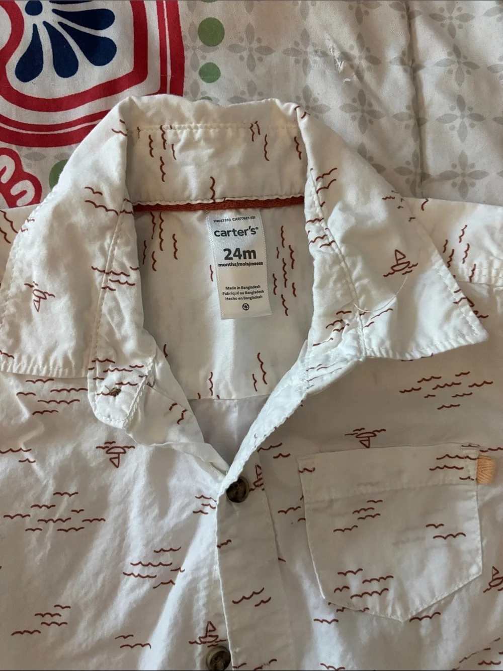Carter's White Short-Sleeve Button-Down Shirt with Red Nautical Print